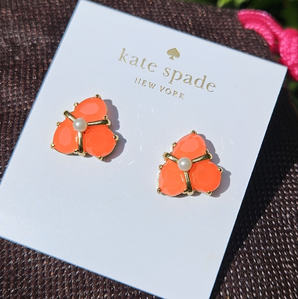 kate spade Coral Crystal Cluster Stud Earrings Faux Pearl 14k Gold Plated NWT - Picture 12 of 12